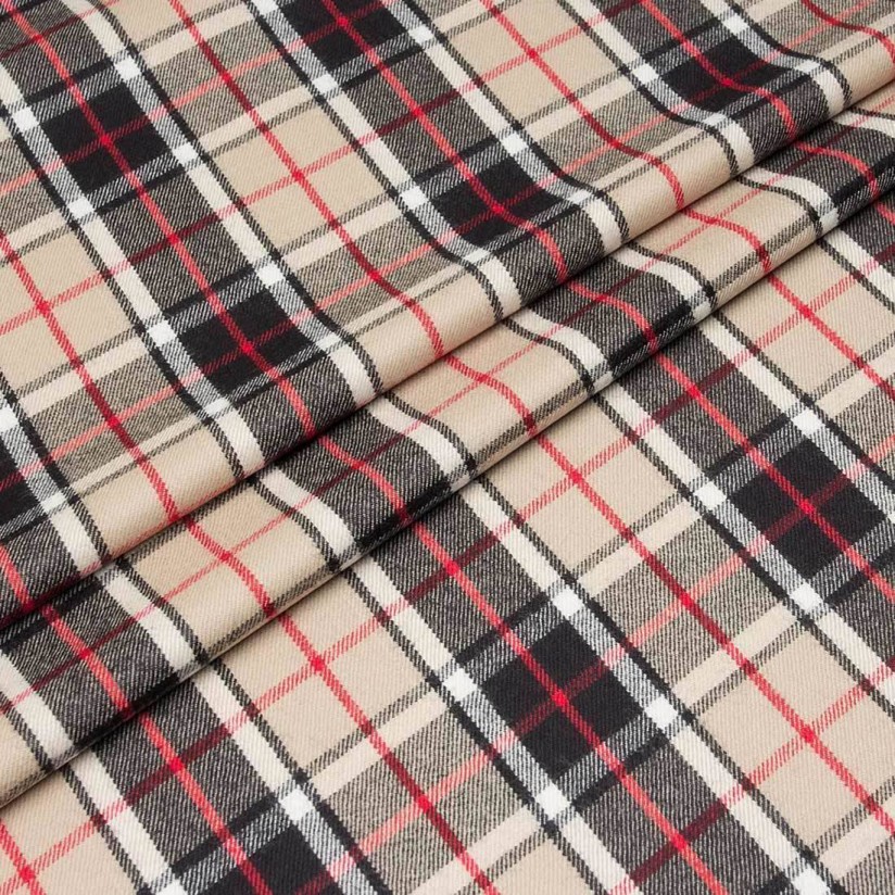 Шерсть костюмная в шотландскую клетку "тартан" в стиле Барберри (Burberry) в черно-бежевых тонах с добавлением красного цвета в наличии