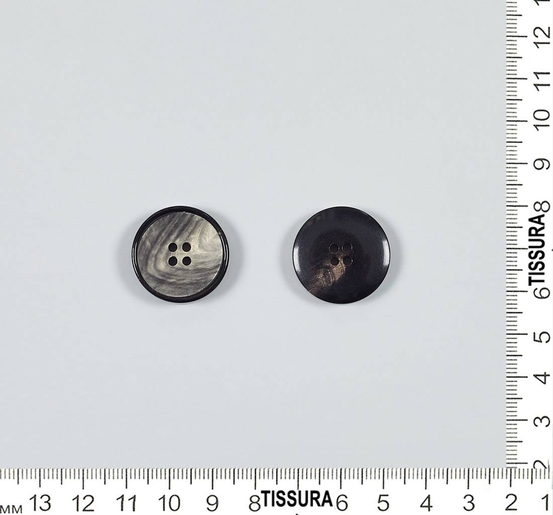 Пуговица на 4 прокола из натурального рога, блестящая серо-графитовая с черным ободком в наличии