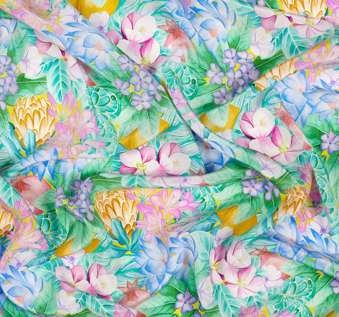 Крепдешин шелковый от Liberty с яркими цветами и фруктами. Принт "Poppy and Freddie" (Поппи и Фредди) в наличии