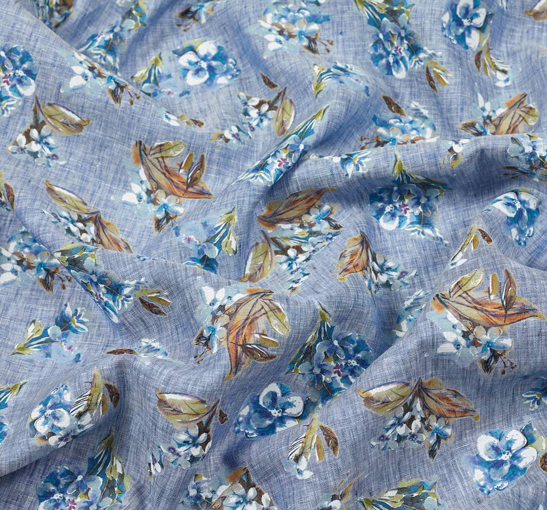 Лен серо-синий с эффектом "делаве" с цветочным принтом в наличии