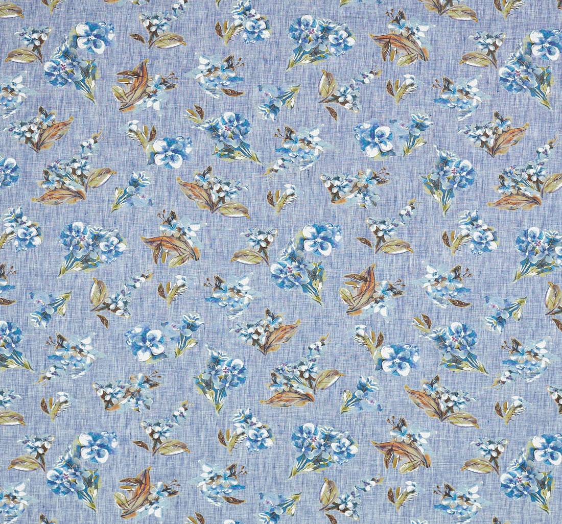 Лен серо-синий с эффектом "делаве" с цветочным принтом в наличии