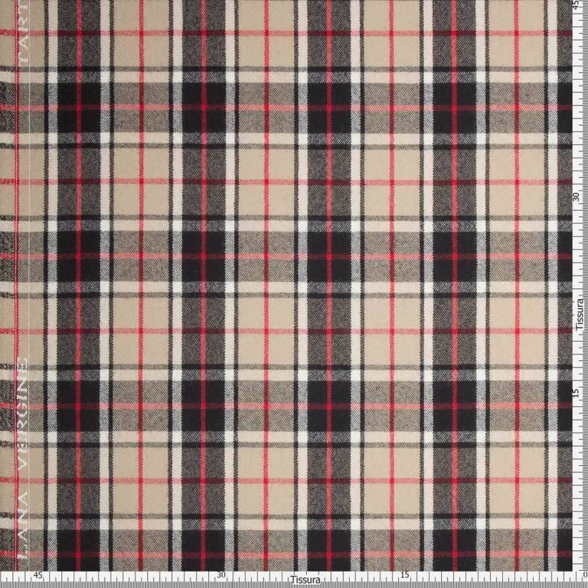 Шерсть костюмная в шотландскую клетку "тартан" в стиле Барберри (Burberry) в черно-бежевых тонах с добавлением красного цвета в наличии