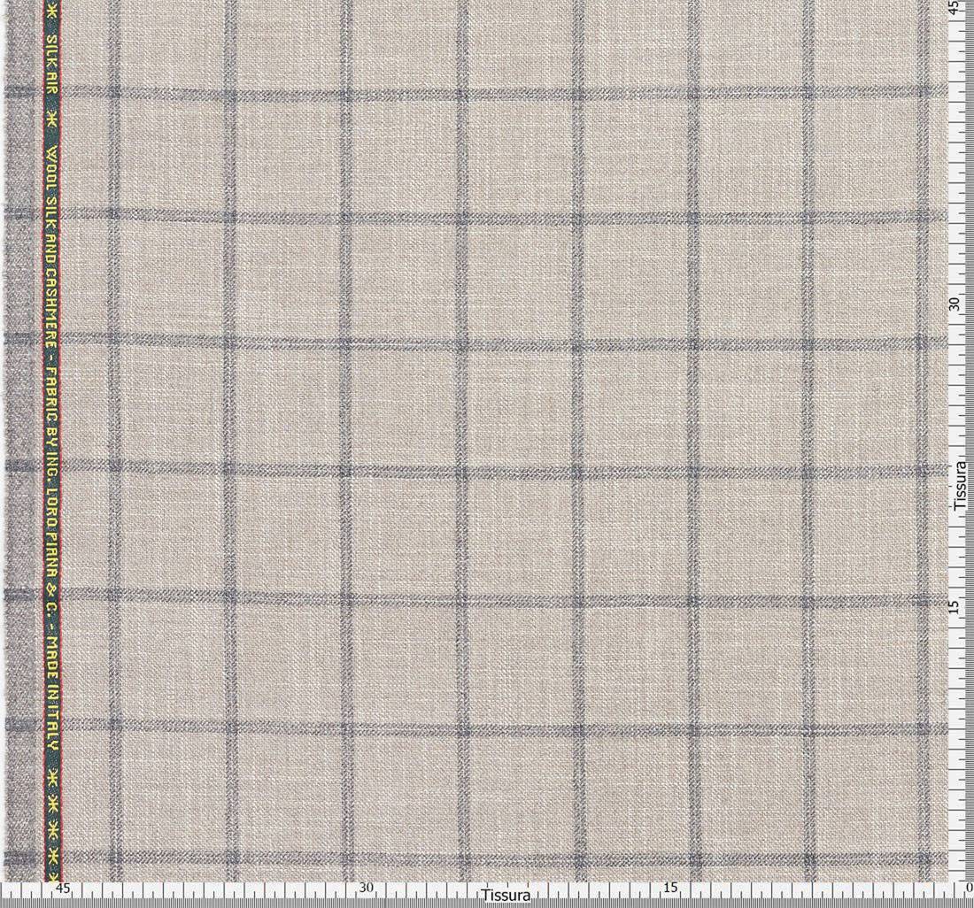 Ткань костюмная от Loro Piana из коллекции «Silk Air». Шерсть, шелк, кашемир. Серая клетка на бежевом фоне в наличии