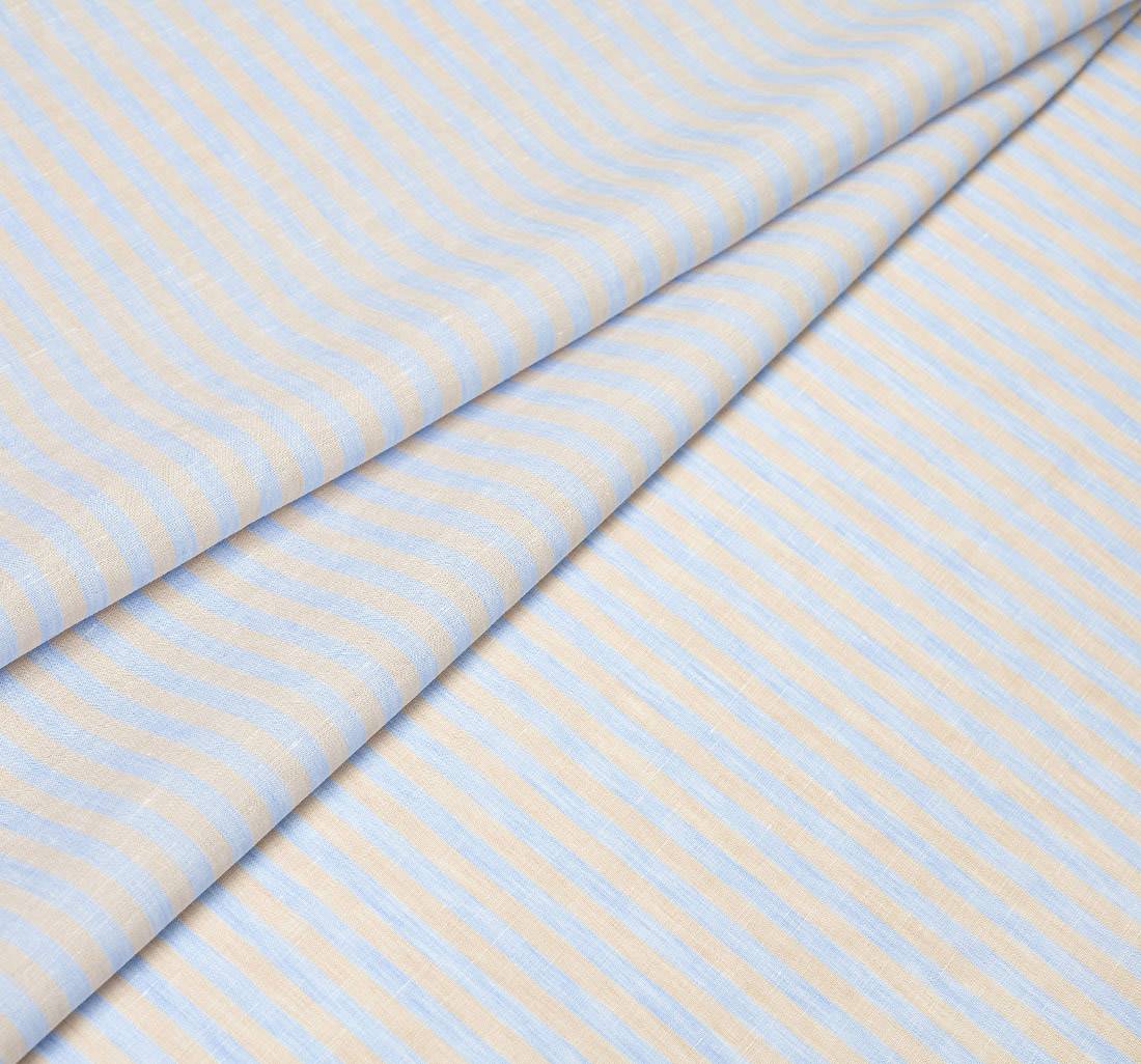 Ткань из 100% льна. Коллекция "Золотой лен" (Gold linen) от Thomas Mason. Бежево-голубая полоска в наличии