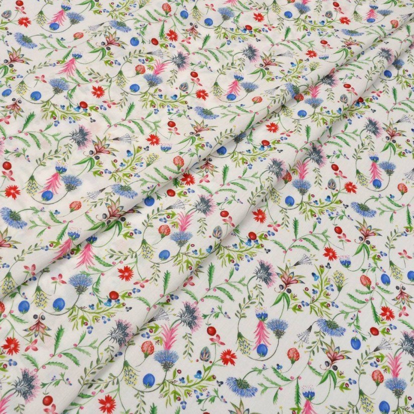 Хлопок Tana Lawn от Liberty. Принт «Temptation Meadow» (Поляна искушений). Цвет белый/синий/красный в наличии