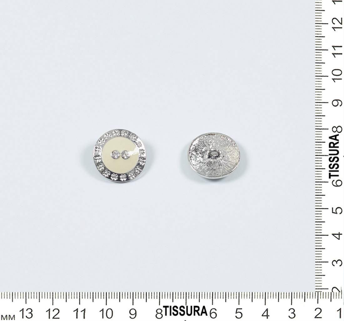 Пуговица металлическая на ножке, декорированная эмалью и кристаллами Swarovski. Цвет серебро/слоновая кость в наличии