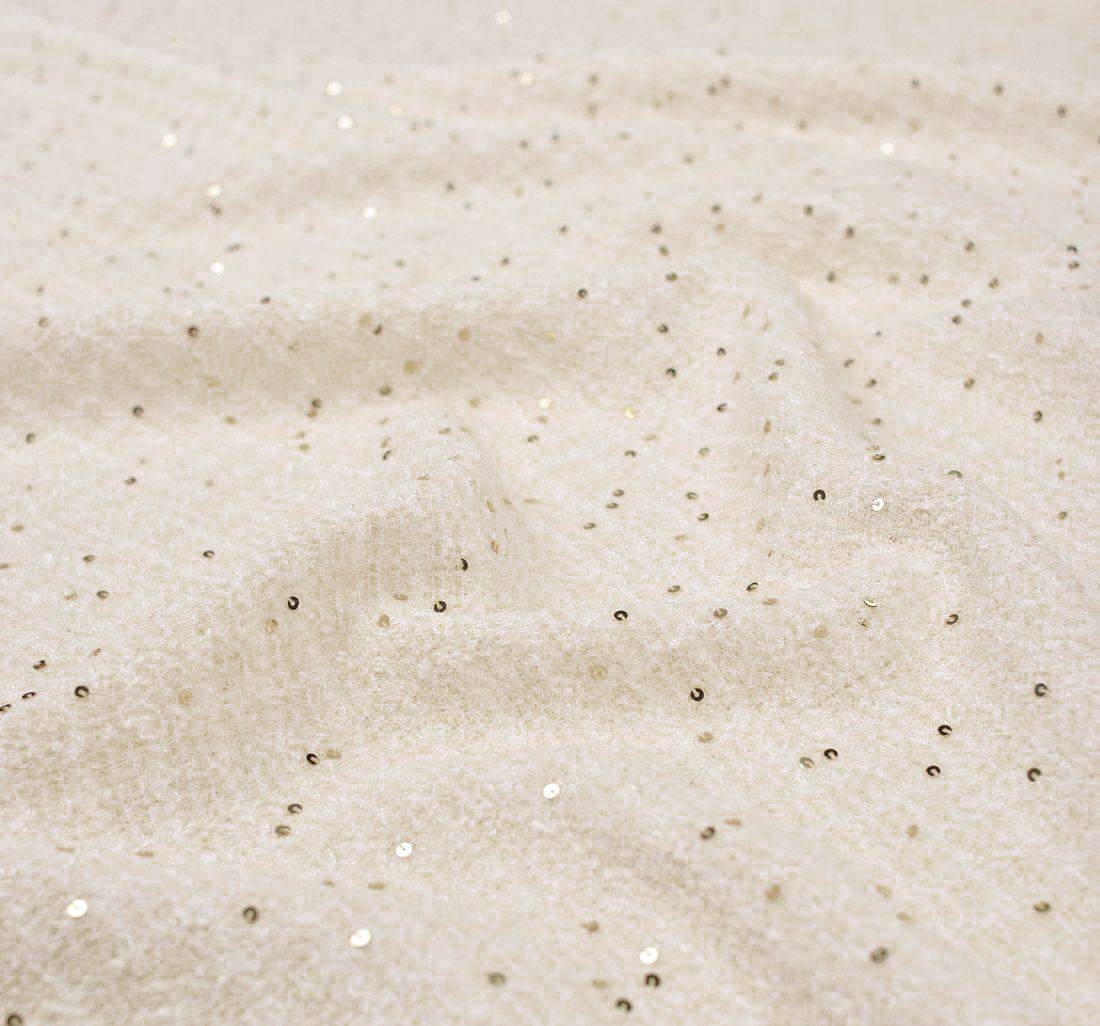 Ткань в стиле «Шанель» цвета слоновой кости, декорированная золотистыми пайетками в наличии