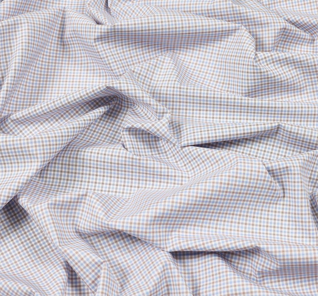 Сорочечная ткань из 100% хлопка в бежево-голубую клеточку на белом из коллекции "Зефир" от Thomas Mason в наличии