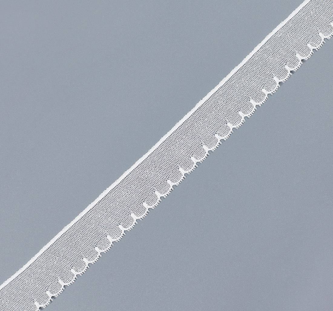 Тесьма кружевная из хлопка. Мелкая сетка бобинет, фестоны по краю. Цвет молочный в наличии