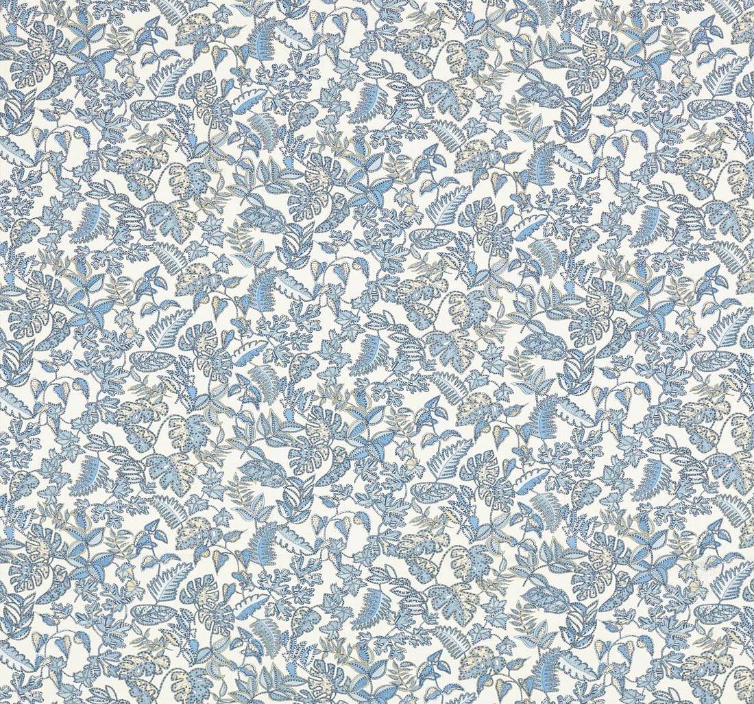 Ткань из смеси льна и хлопка от Liberty. Сине-бежевый принт «Palm house» (Пальмовый домик) выполнен на белом фоне в наличии