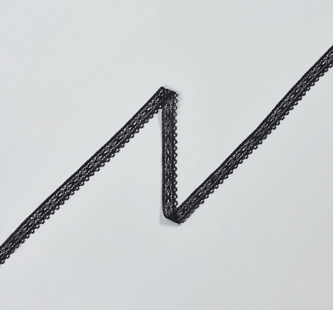 Тесьма кружевная из хлопка. Мелкие фестоны с зубчиками «пико» по краю тесьмы. Цвет черный в наличии