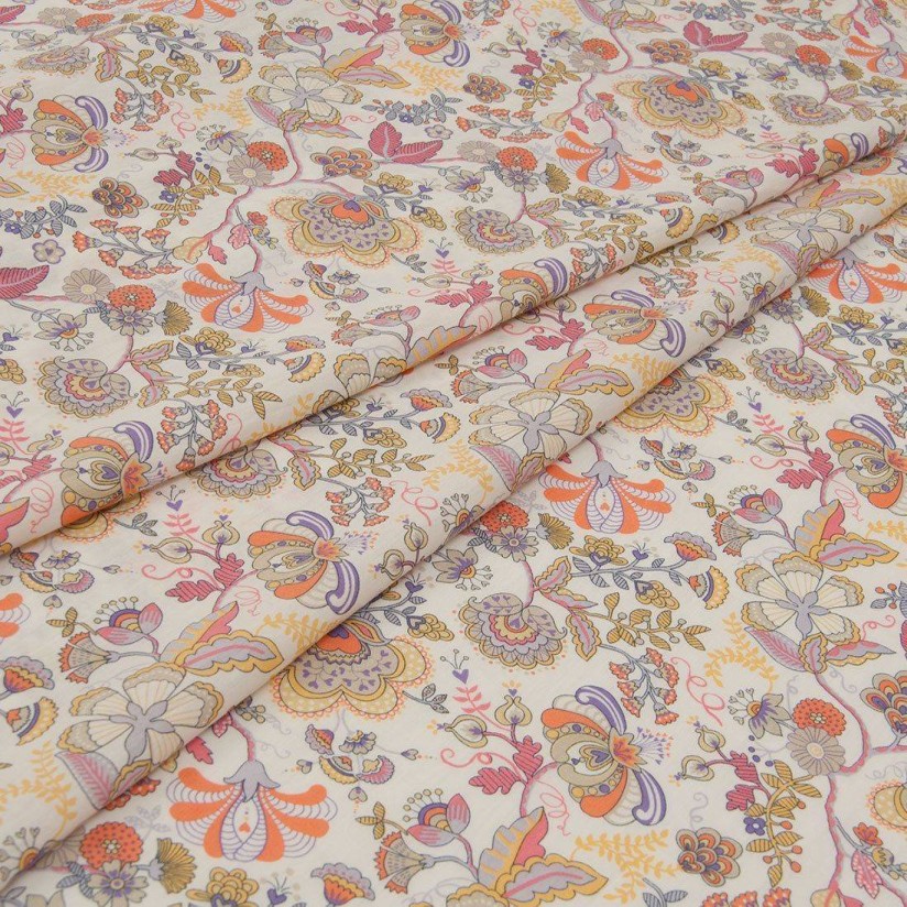 Хлопок Tana Lawn от Liberty. Принт «Mabelle» (Мэйбл). Цвет коралловый/желтый/серый в наличии