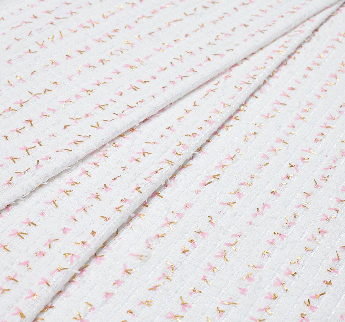 Ткань в стиле "Шанель" белого цвета с розово-золотыми бантиками в наличии