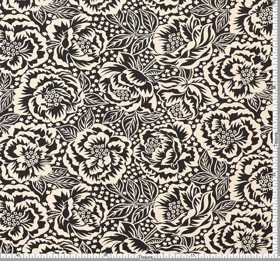 Крепдешин шелковый от Liberty с черно-бежевым цветочным принтом Irene Rose (Роза Ирен) в наличии