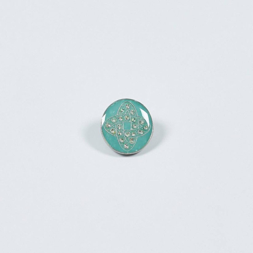 Пуговица серебристая из металла круглая на ножке со стразами Swarovski со светло-бирюзовым покрытием из эмали в наличии