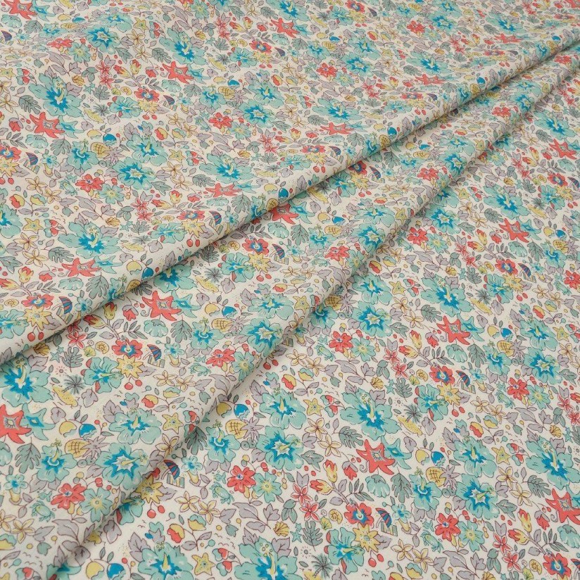 Хлопок Tana Lawn от Liberty. Принт «Aloha, Betsy» (Алоха, Бетси). Цвет молочный/бирюзовый/коралловый в наличии