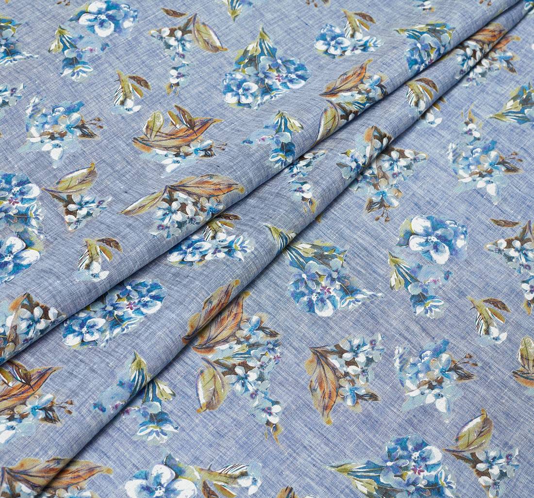 Лен серо-синий с эффектом "делаве" с цветочным принтом в наличии