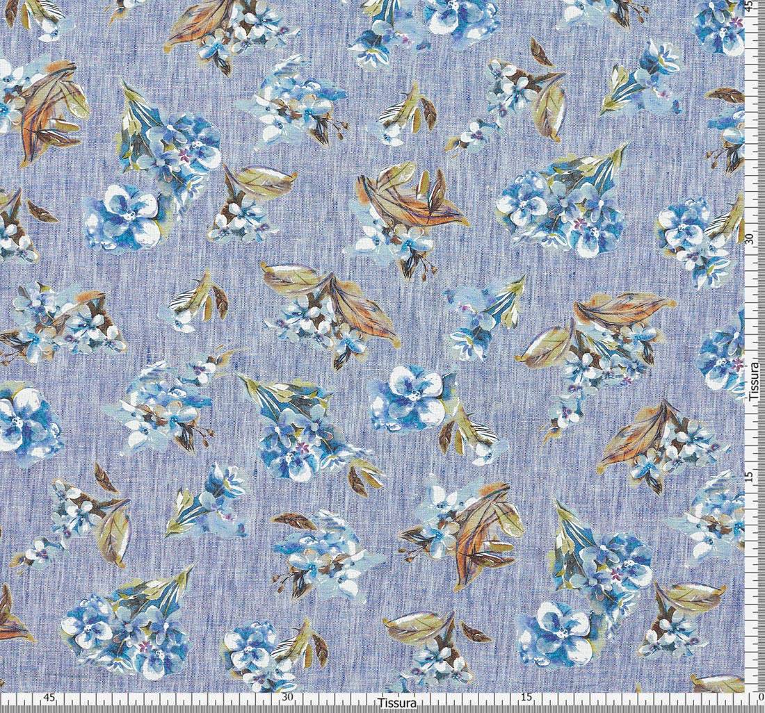 Лен серо-синий с эффектом "делаве" с цветочным принтом в наличии