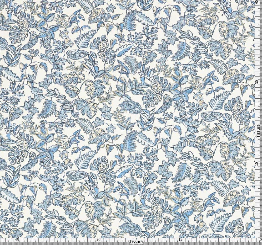 Ткань из смеси льна и хлопка от Liberty. Сине-бежевый принт «Palm house» (Пальмовый домик) выполнен на белом фоне в наличии