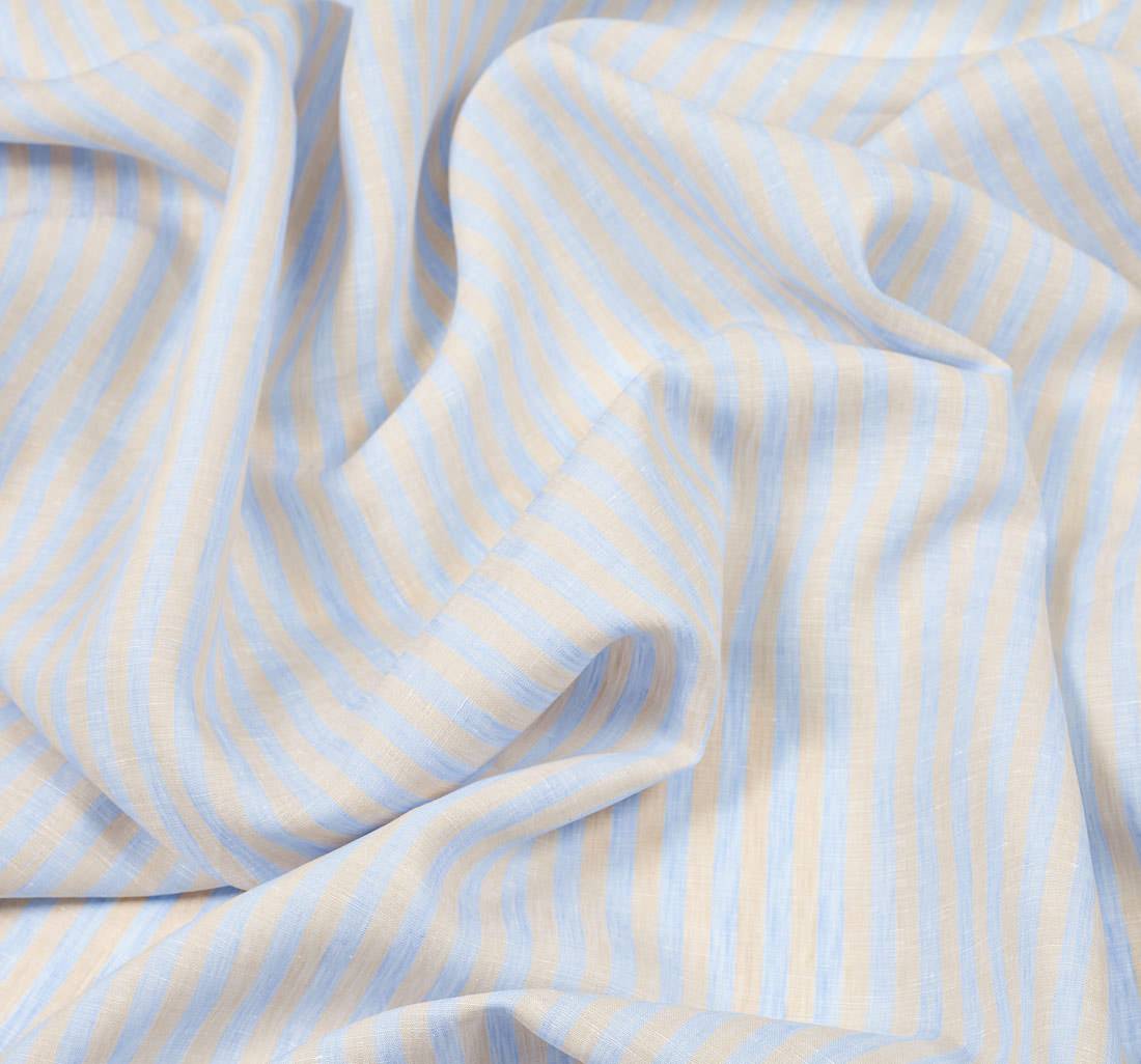 Ткань из 100% льна. Коллекция "Золотой лен" (Gold linen) от Thomas Mason. Бежево-голубая полоска в наличии