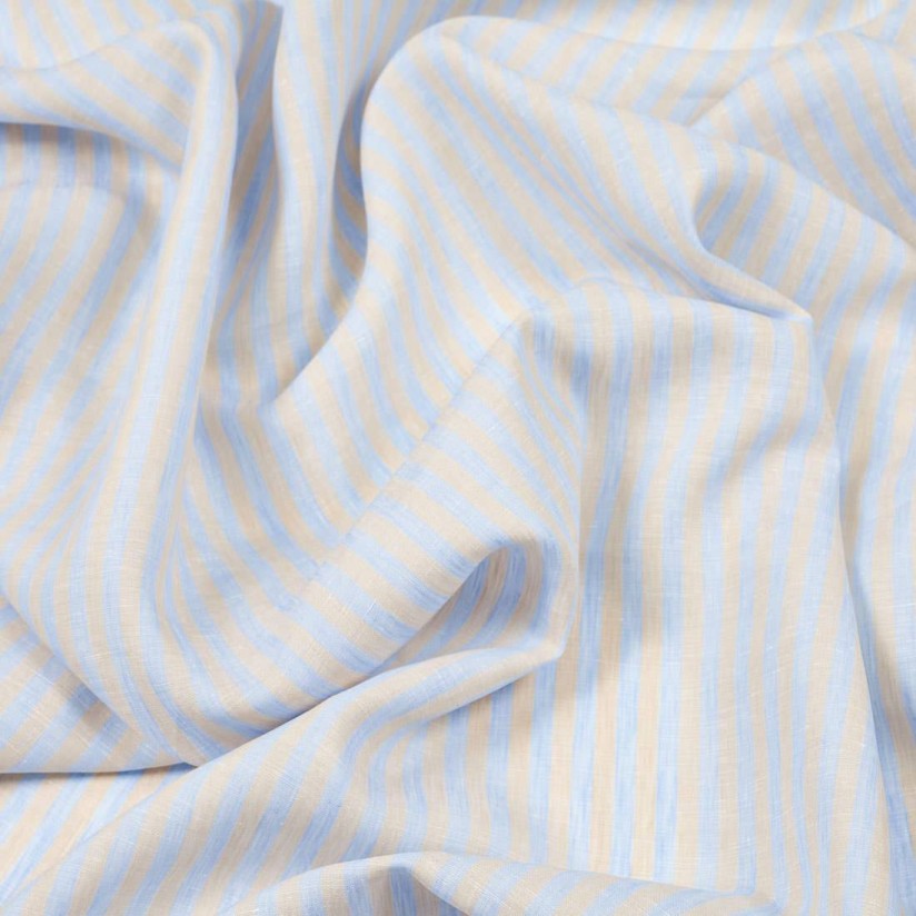 Ткань из 100% льна. Коллекция "Золотой лен" (Gold linen) от Thomas Mason. Бежево-голубая полоска в наличии