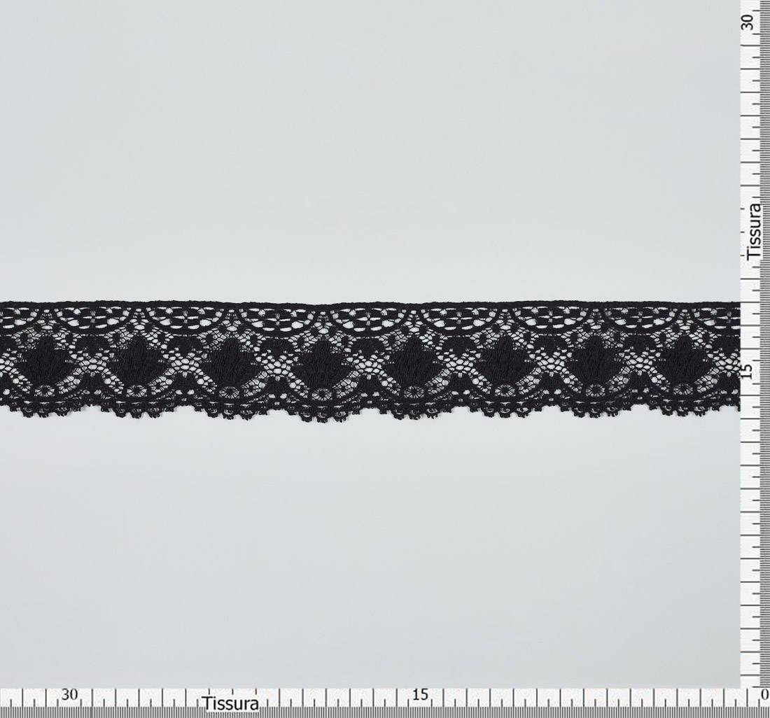 Черная тесьма кружевная из хлопка. Веерный орнамент, стилизованные листья. Фестоны и петельки «пико» по одному краю в наличии