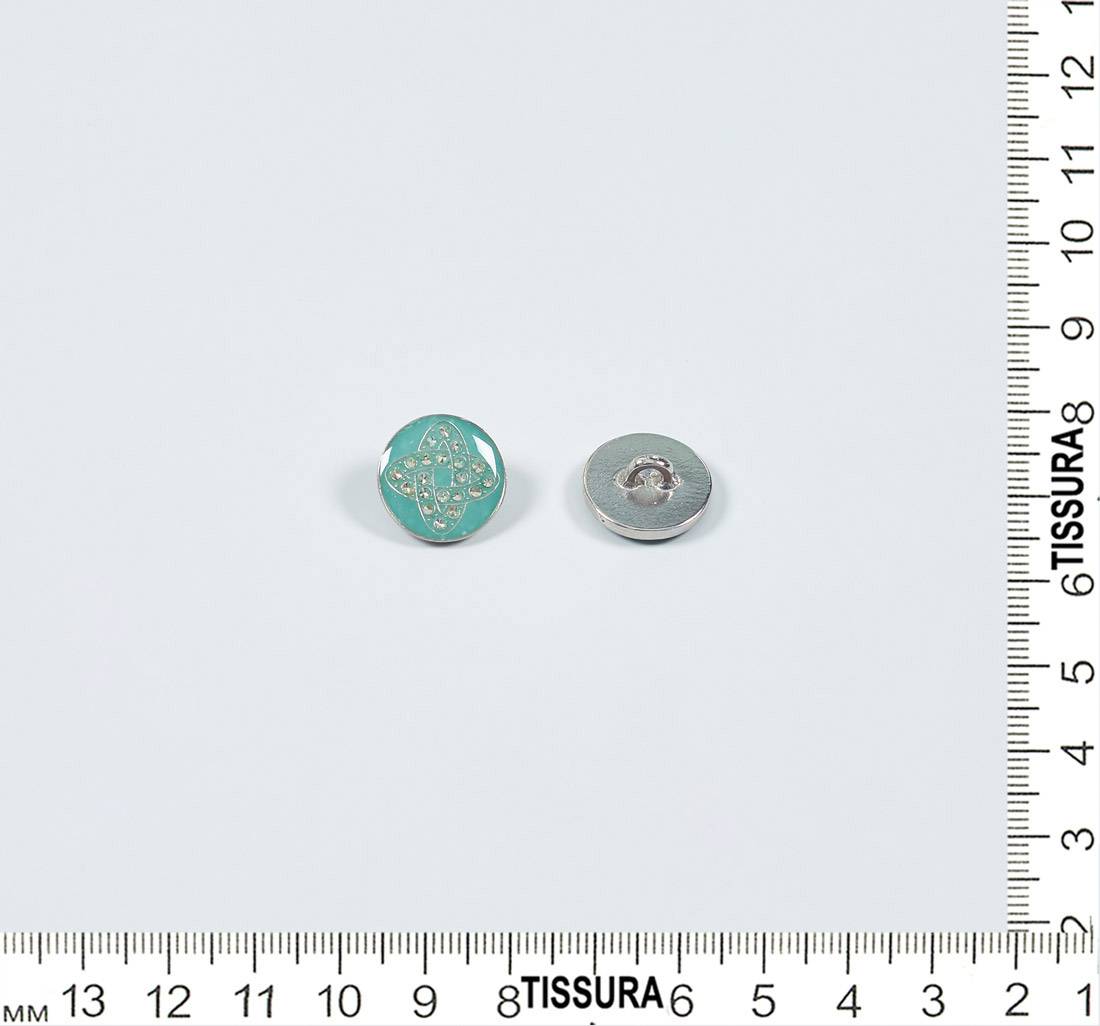 Пуговица серебристая из металла круглая на ножке со стразами Swarovski со светло-бирюзовым покрытием из эмали в наличии