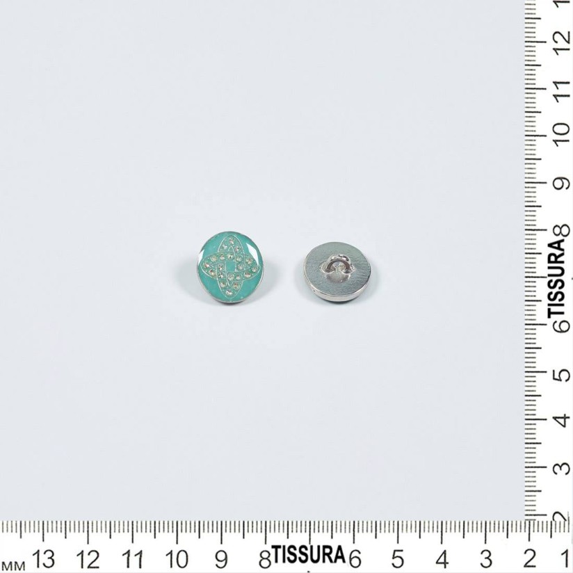 Пуговица серебристая из металла круглая на ножке со стразами Swarovski со светло-бирюзовым покрытием из эмали в наличии