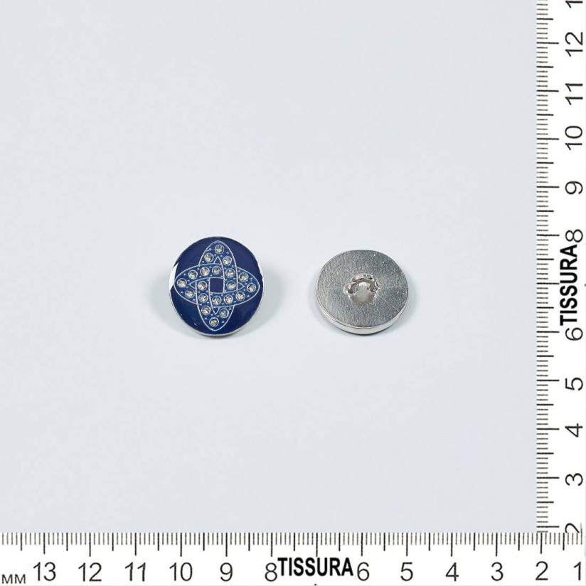 Пуговица металлическая круглая на ножке. Декор "Узел Соломона", стразы Swarovski, эмалевое покрытие. Цвет серебро/синий в наличии