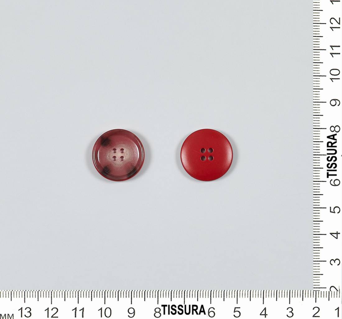 Пуговица пластмассовая на 4 прокола. Имитация натурального рога буйвола. Цвет красный в наличии