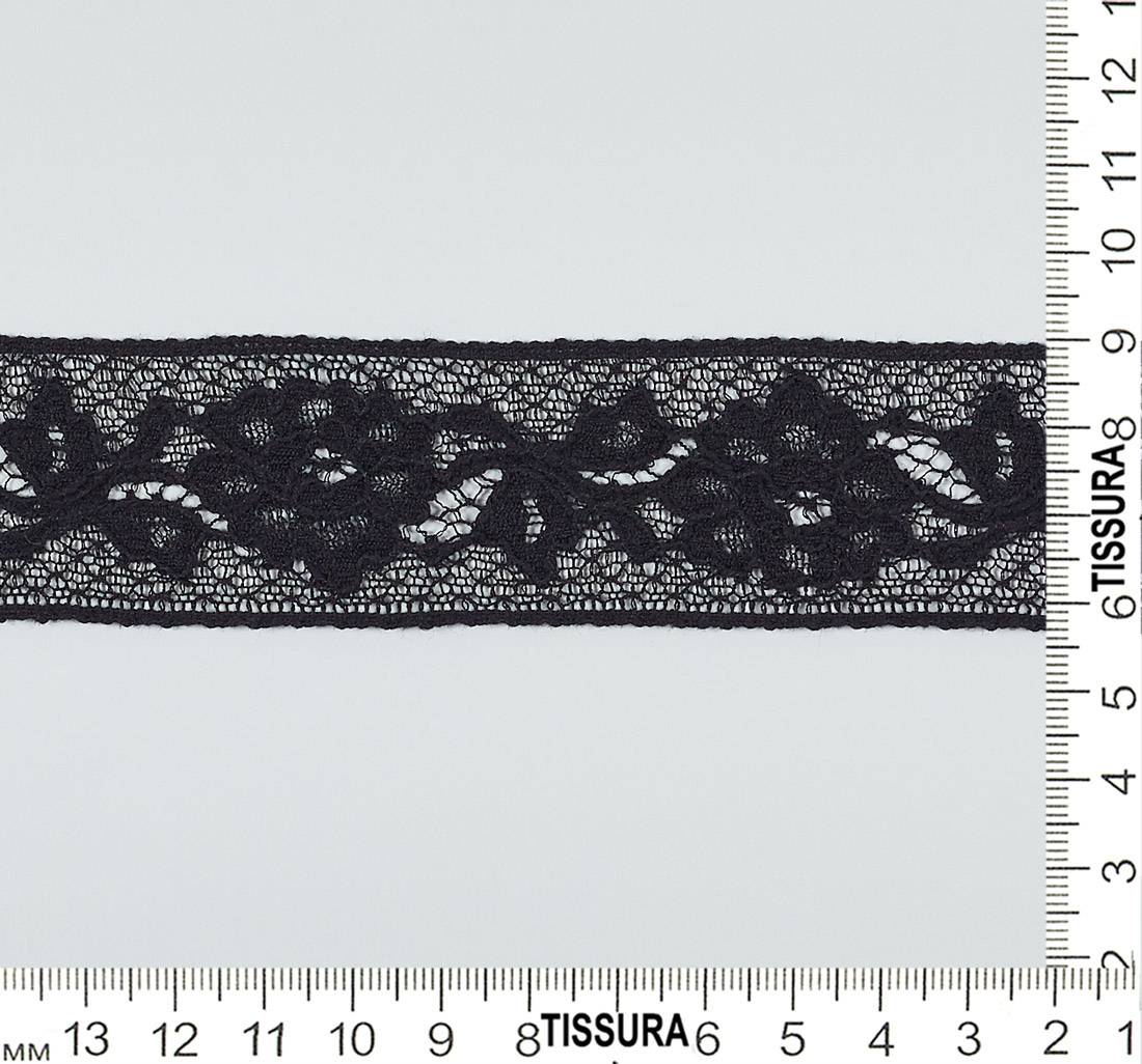Черная тесьма кружевная кордовая из хлопка с распустившимися цветами и пышными листьями в наличии