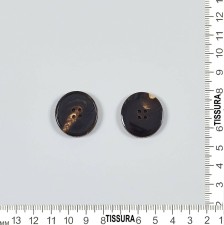 Пуговица на 4 прокола из натурального рога, блестящая, рифленый гурт. Цвет темно-коричневый в наличии
