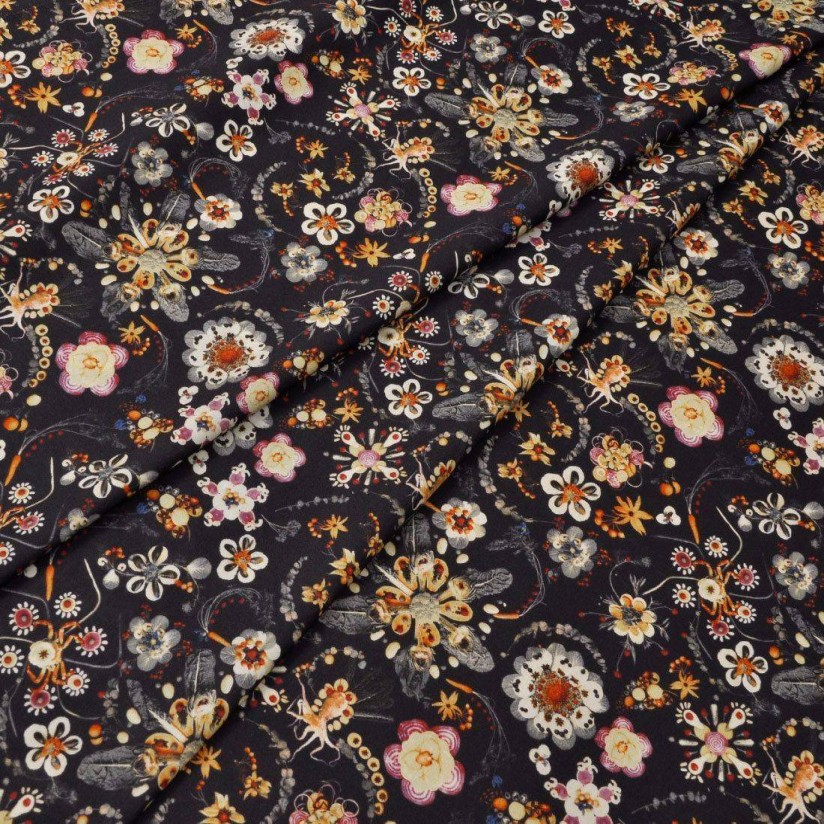 Хлопок Tana Lawn от Liberty. Принт «Synchronised Dinner» (Синхронный ужин). Цвет темно-синий/желтый/оранжевый в наличии