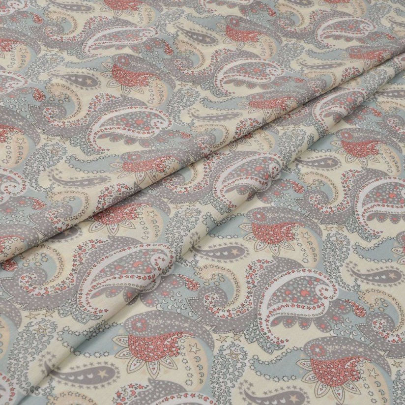 Хлопок Tana Lawn от Liberty. Принт «Cosmos Paisley» (Космический пейсли). Цвет бежевый/серый/коралловый в наличии