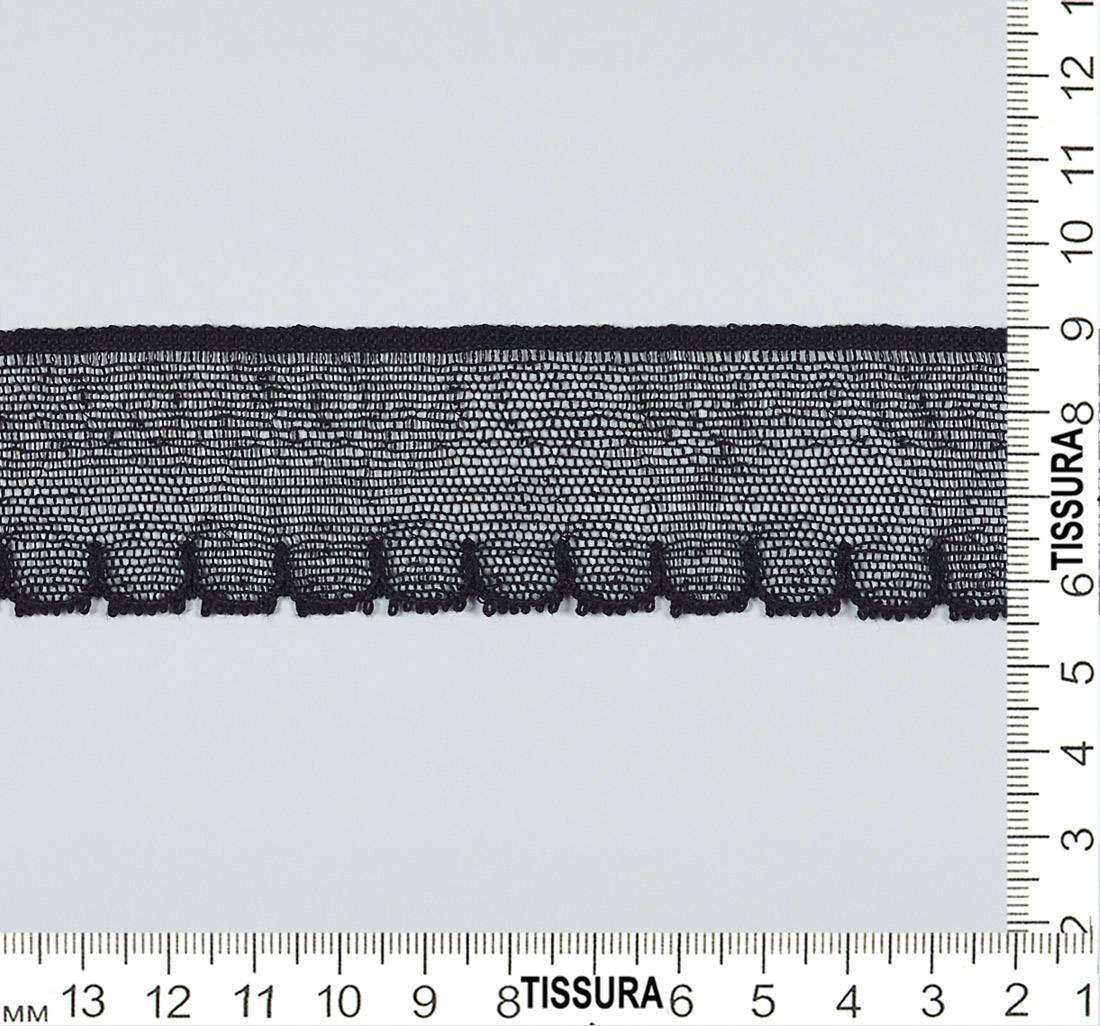 Тесьма черная кружевная из хлопка. Мелкая сетка бобинет, фестоны по краю в наличии